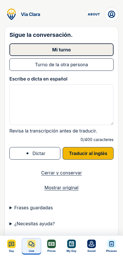 Live: interfaz de la app sin datos personales.