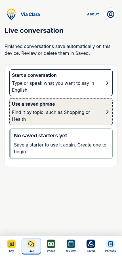 Live: app interface with no personal records.