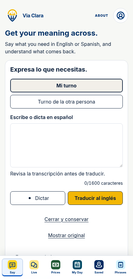 Say: interfaz de la app sin datos personales.